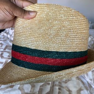 Straw Trilby Hat with Green and Red Band